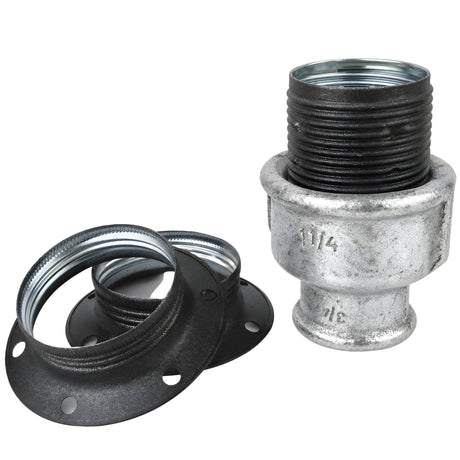 E27-Fassungsset aus mattem Metall in Grau auf Fitting mit Innengewinde aus verzinktem Temperguss