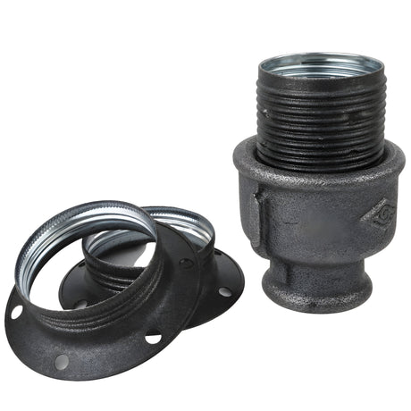 E27-Fassungsset aus mattem Metall in Grau auf Fitting mit Innengewinde aus schwarzem Temperguss (Eco)