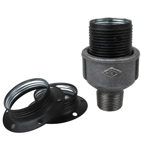 E27-Fassungsset aus mattem Metall in Grau auf Fitting mit Außengewinde aus schwarzem Temperguss (Eco)