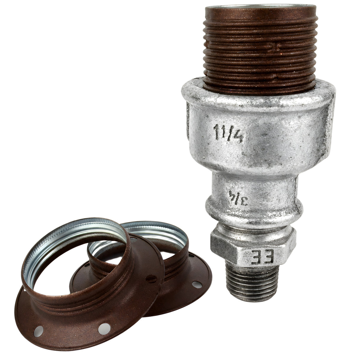 E27-Fassungsset aus mattem Metall in Rostoptik auf Fitting mit Außengewinde 1/2'' (15x21mm) aus verzinktem Temperguss