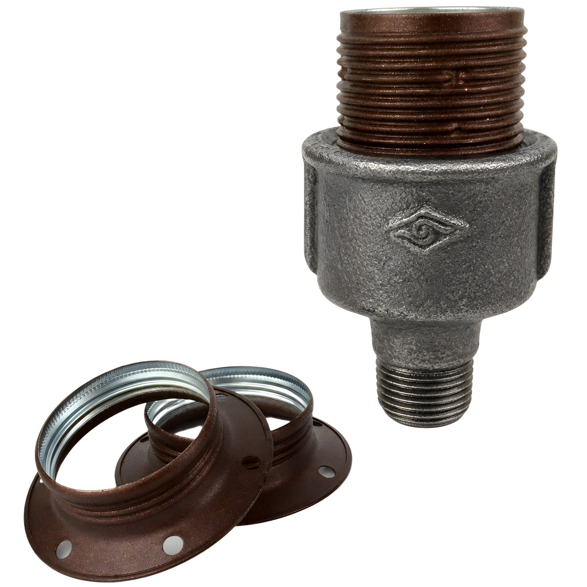 E27-Fassungsset aus mattem Metall in Rostoptik auf Fitting mit Außengewinde 1/2'' (15x21mm) aus schwarzem Temperguss (Eco)
