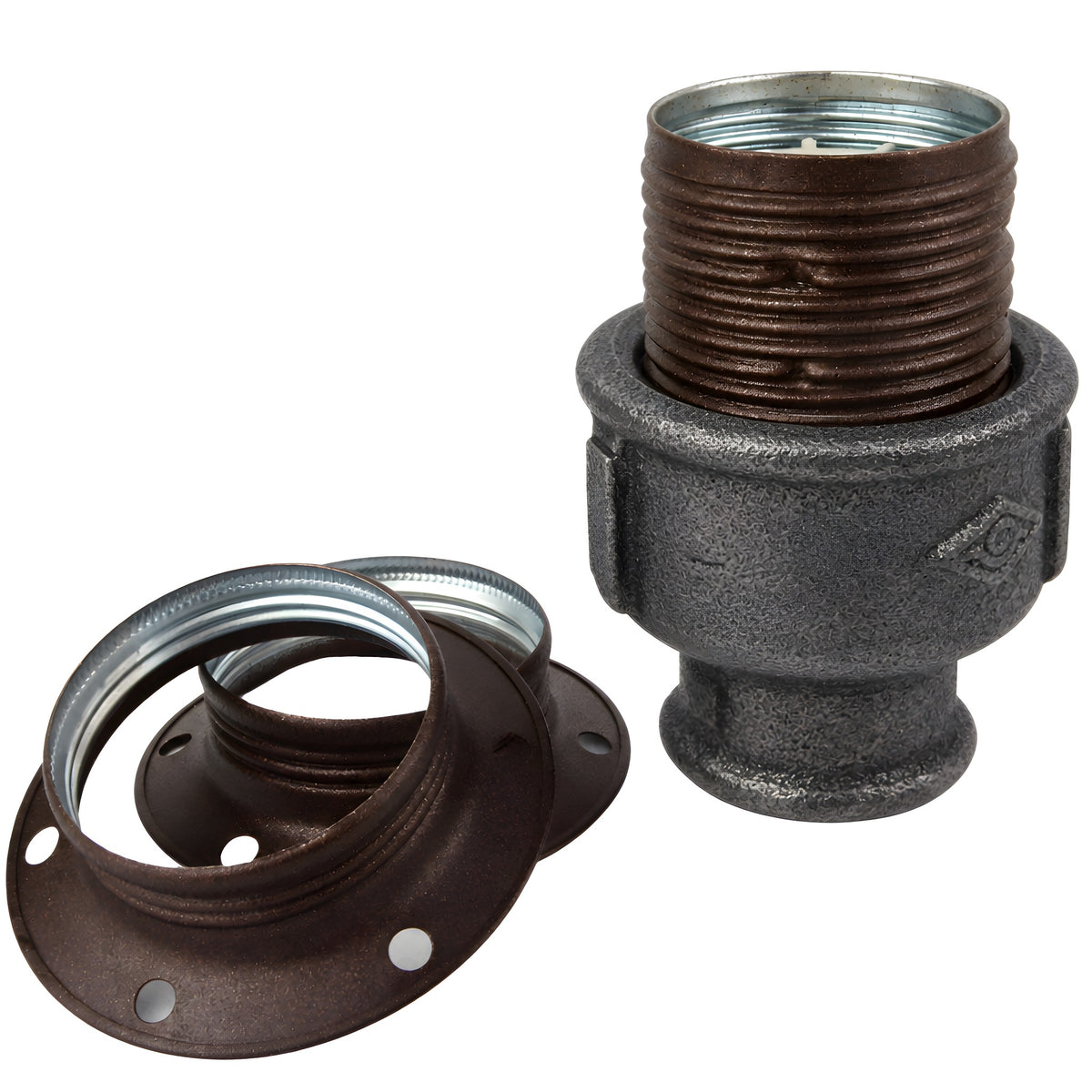 E27-Fassungsset aus mattem Metall in Rostoptik auf Fitting mit Innengewinde aus schwarzem Temperguss (Eco)