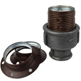 E27-Fassungsset aus mattem Metall in Rostoptik auf Fitting mit Innengewinde aus schwarzem Temperguss (Eco)