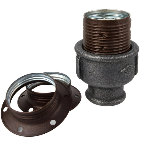 E27-Fassungsset aus mattem Metall in Rostoptik auf Fitting mit Innengewinde aus schwarzem Temperguss (Eco)