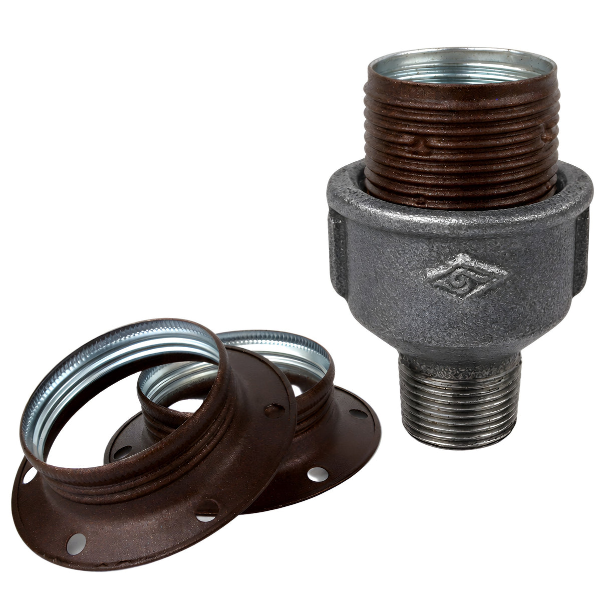 E27-Fassungsset aus mattem Metall in Rostoptik auf Fitting mit Außengewinde aus schwarzem Temperguss (Eco)