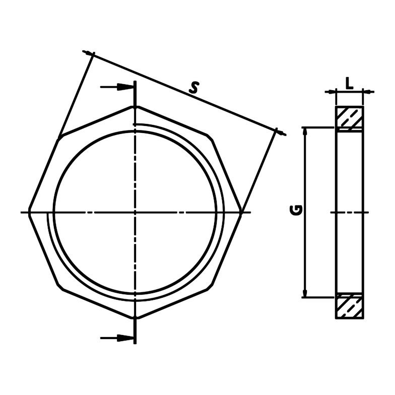 Bemaßte technische Zeichnung: Kontermutter aus Messing (Art. 1613)