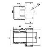 Bemaßte technische Zeichnung: Messing-Zählerverschraubung halb, G-Gewinde (Art. 2308)
