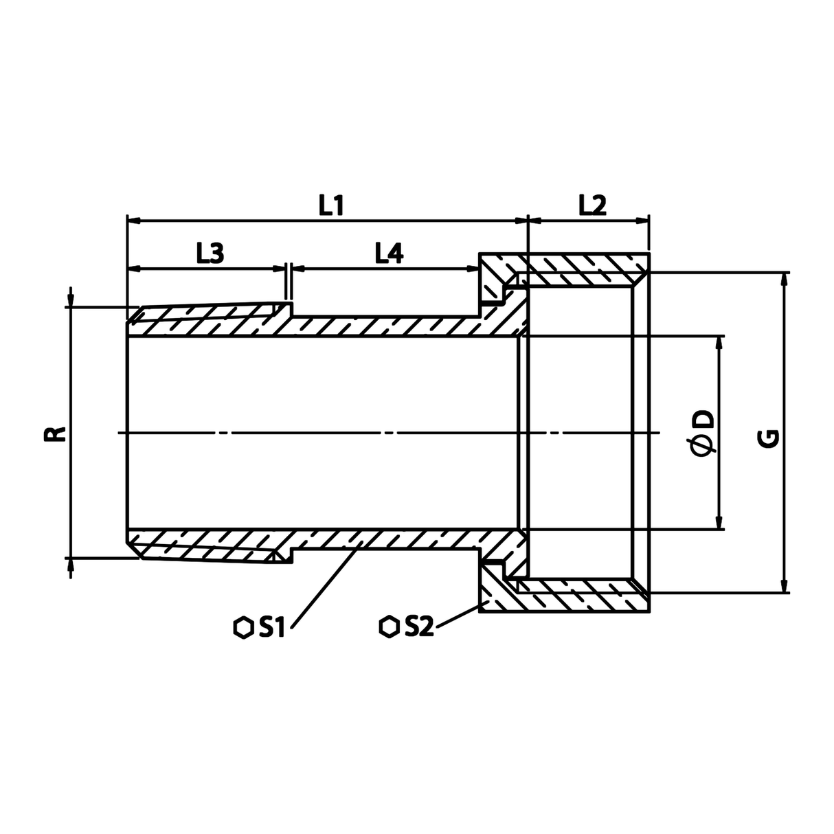 Bemaßte technische Zeichnung: Messing-Zählerverschraubung halb, konisches R-Gewinde (Art. 2309)