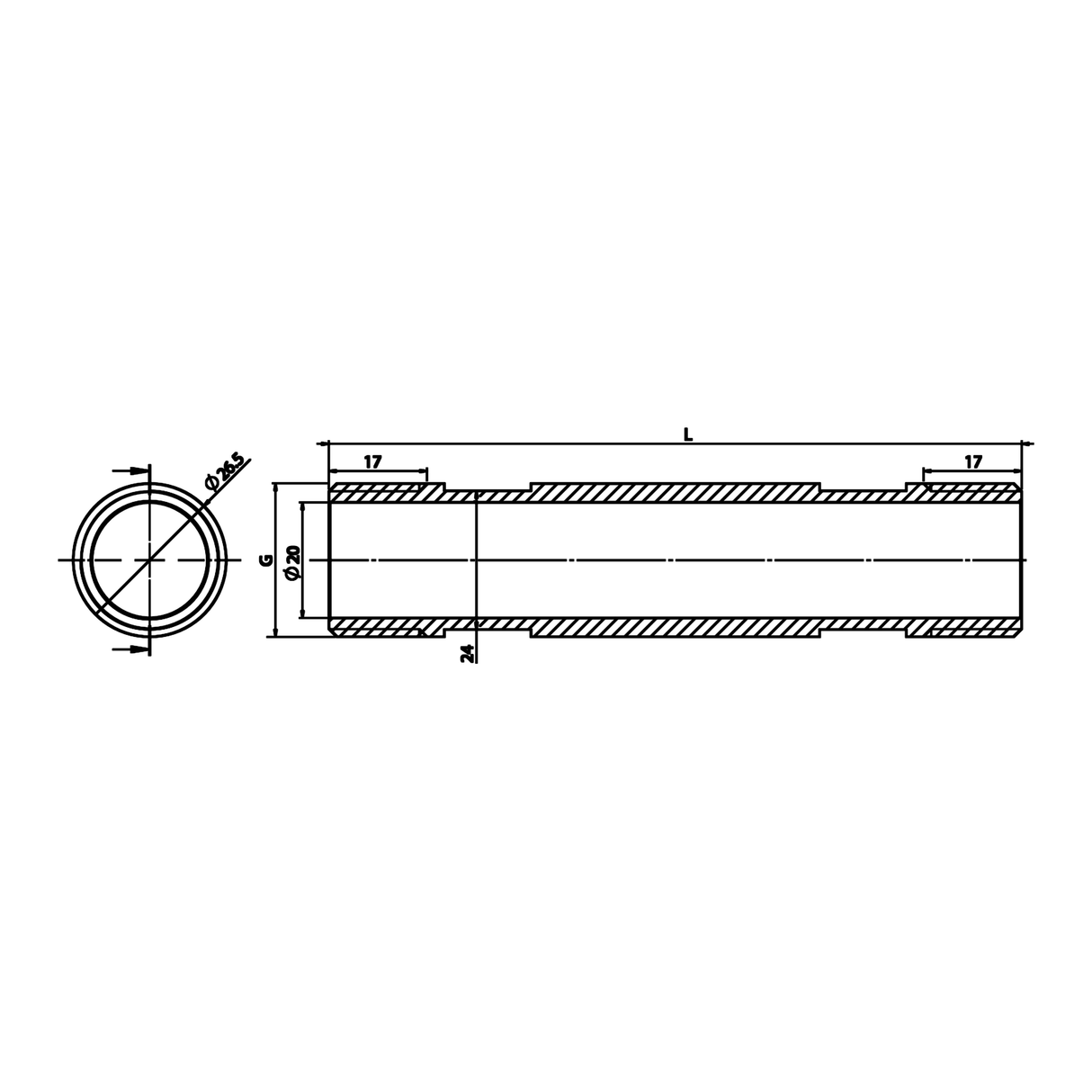 Bemaßte technische Zeichnung: Messing-Anschlussrohr AG/AG für Wasserzähler (Art. 2311)