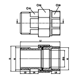 Bemaßte technische Zeichnung: Messing-Verschraubung AG/IG mit flacher Dichtfläche, EPDM-Dichtung (Art. 2331)