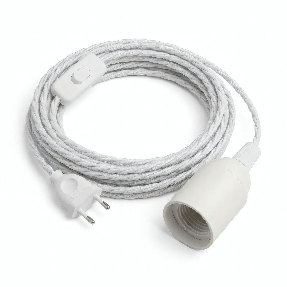 Lampe mit verdrilltem Textilkabel, Baumwolle Optisch Weiß, Fassung E27