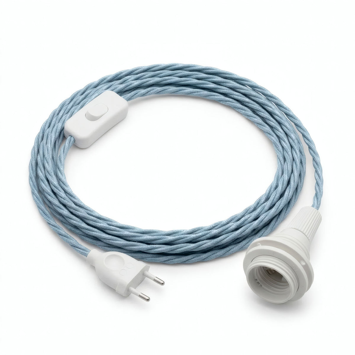 Lampe mit verdrilltem Textilkabel, Baumwolle Ozeanblau, Fassung E14 mit Schirmringen