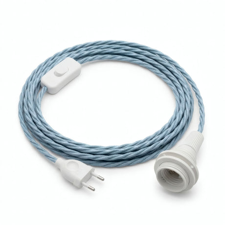 Lampe mit verdrilltem Textilkabel, Baumwolle Ozeanblau, Fassung E14 mit Schirmringen