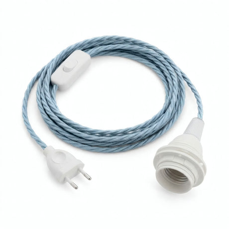 Lampe mit verdrilltem Textilkabel, Baumwolle Ozeanblau, Fassung E27 mit Schirmringen