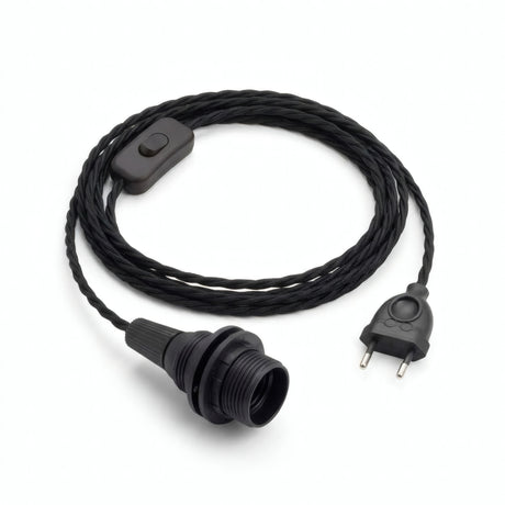Lampe mit verdrilltem Textilkabel, Baumwolle Anthrazitschwarz, Fassung E14 mit Schirmringen