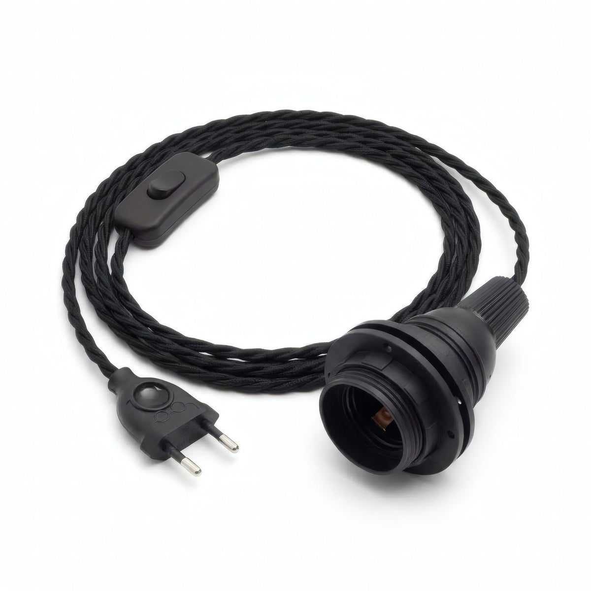 Lampe mit verdrilltem Textilkabel, Baumwolle Anthrazitschwarz, Fassung E27 mit Schirmringen
