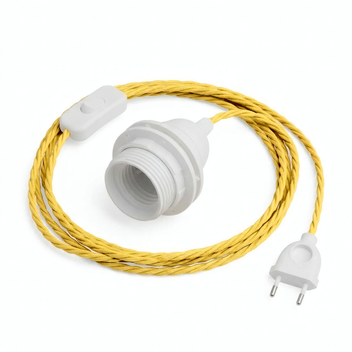 Lampe mit verdrilltem Textilkabel, Seideneffekt Maisgelb, Fassung E27 mit Schirmringen