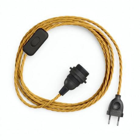 Lampe mit verdrilltem Textilkabel, Seideneffekt Senfgelb, Fassung E14 mit Schirmringen