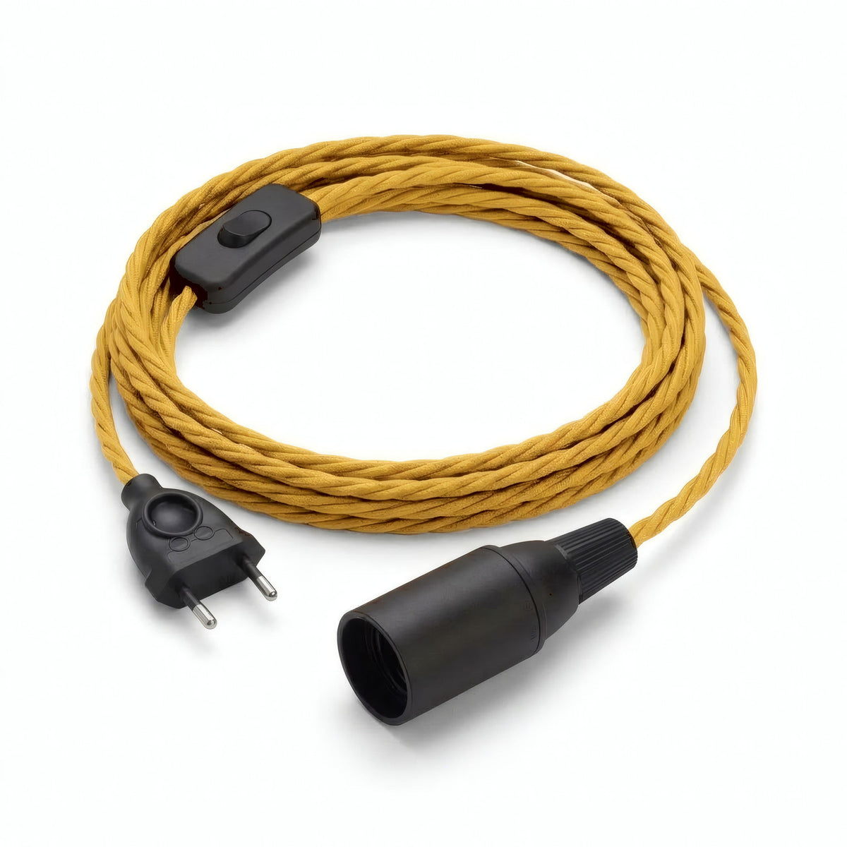 Lampe mit verdrilltem Textilkabel, Seideneffekt Senfgelb, Fassung E14