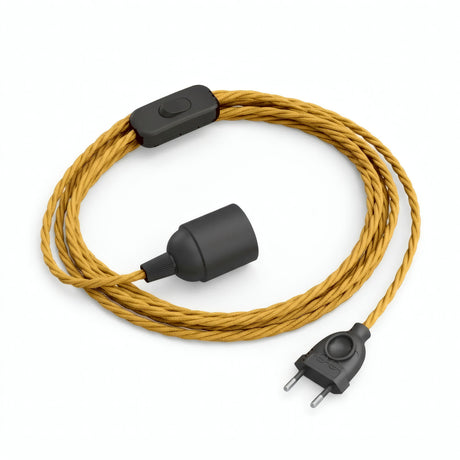 Lampe mit verdrilltem Textilkabel, Seideneffekt Senfgelb, Fassung E27