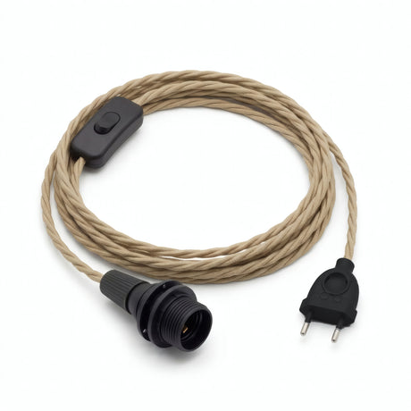Lampe mit verdrilltem Textilkabel, Jute Natur, Fassung E14 mit Schirmringen