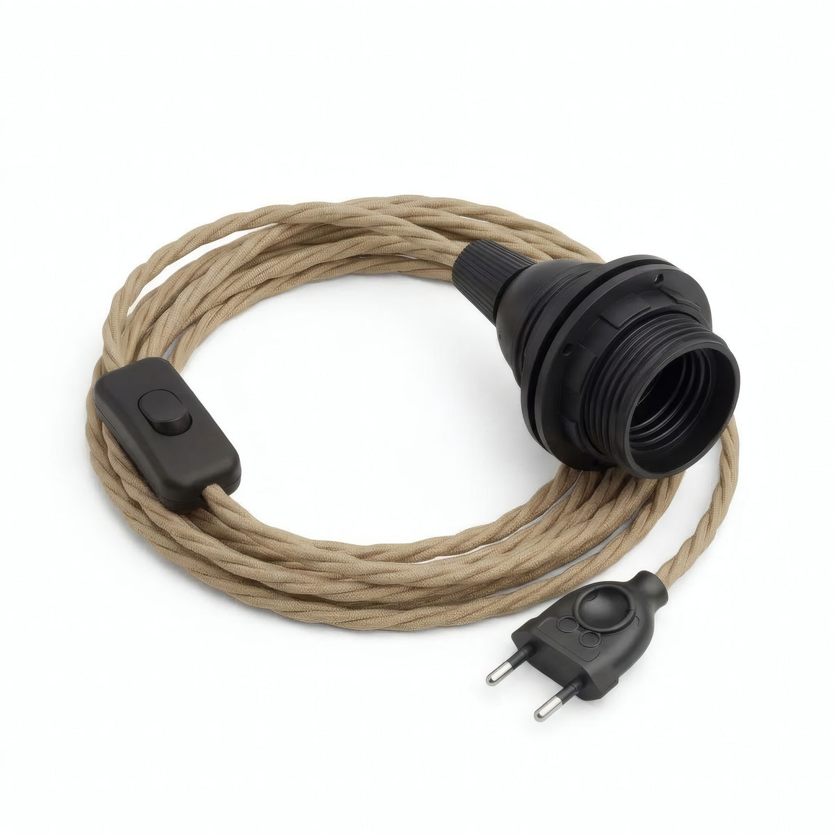Lampe mit verdrilltem Textilkabel, Jute Natur, Fassung E27 mit Schirmringen