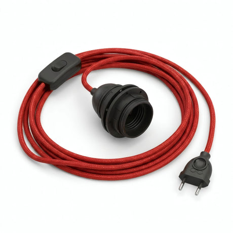 Lampe mit einfarbigem Textilkabel, Baumwolle Feuerrot, Fassung E27 mit Schirmringen