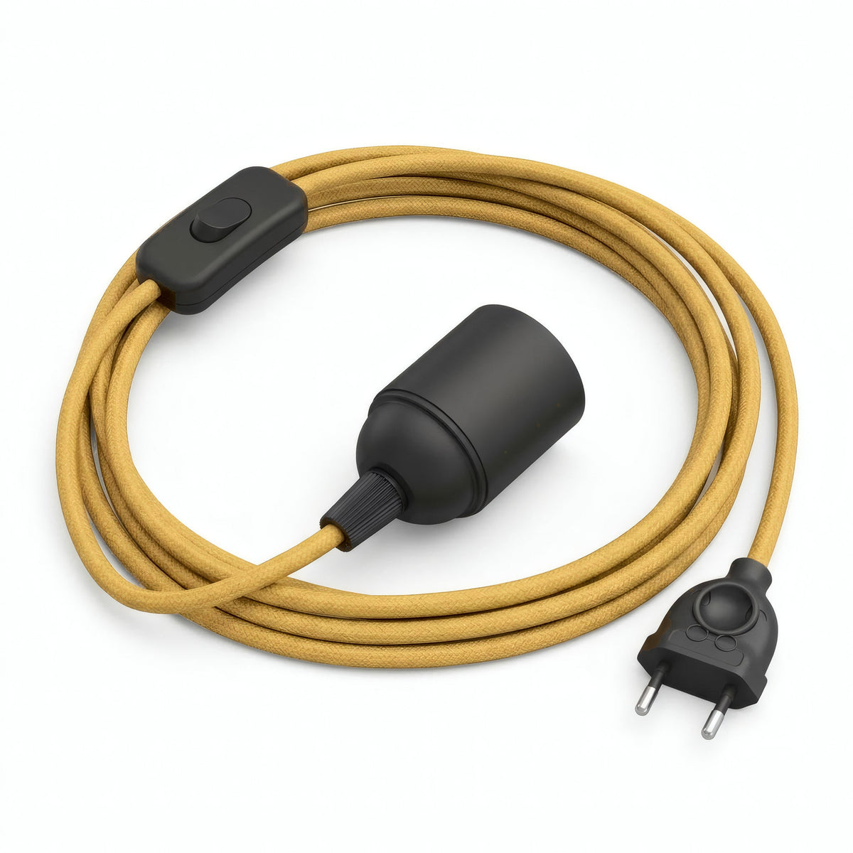 Lampe mit einfarbigem Textilkabel, Seideneffekt Senfgelb, Fassung E27