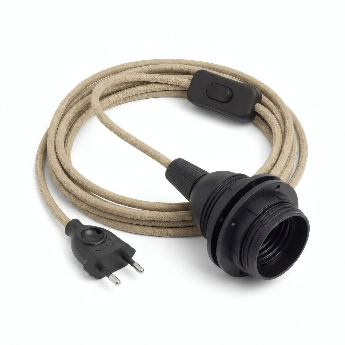 Lampe mit einfarbigem Textilkabel, Jute Natur, Fassung E27 mit Schirmringen