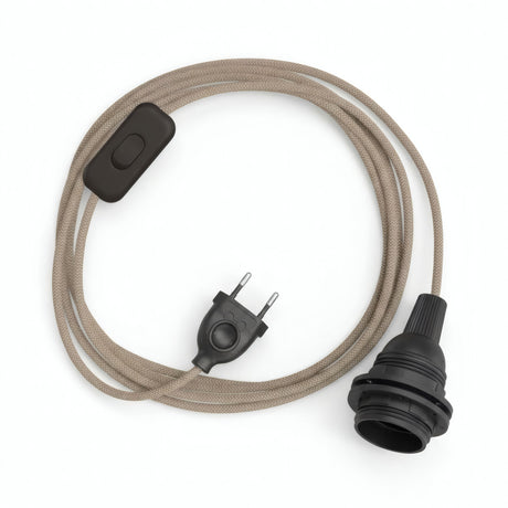 Lampe mit Zickzack-Textilkabel, Baumwoll-Leinen Rindenbraun und Beige, Fassung E27 mit Schirmringen