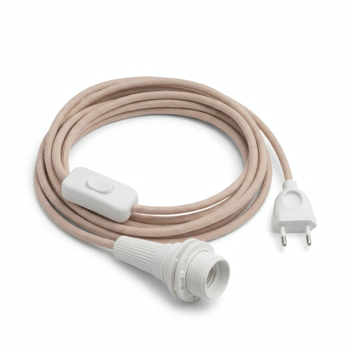 Lampe mit Zickzack-Textilkabel, Baumwoll-Leinen Altrosa und Beige, Fassung E14 mit Schirmringen
