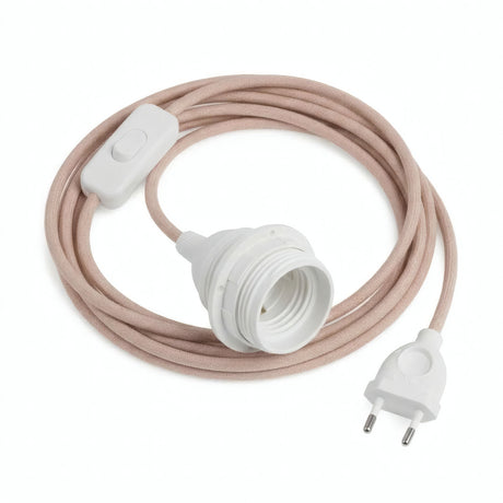 Lampe mit Zickzack-Textilkabel, Baumwoll-Leinen Altrosa und Beige, Fassung E27 mit Schirmringen