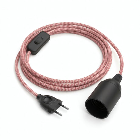 Lampe mit Zickzack-Textilkabel, Seideneffekt Feuerrot und Optisch Weiß, Fassung E27