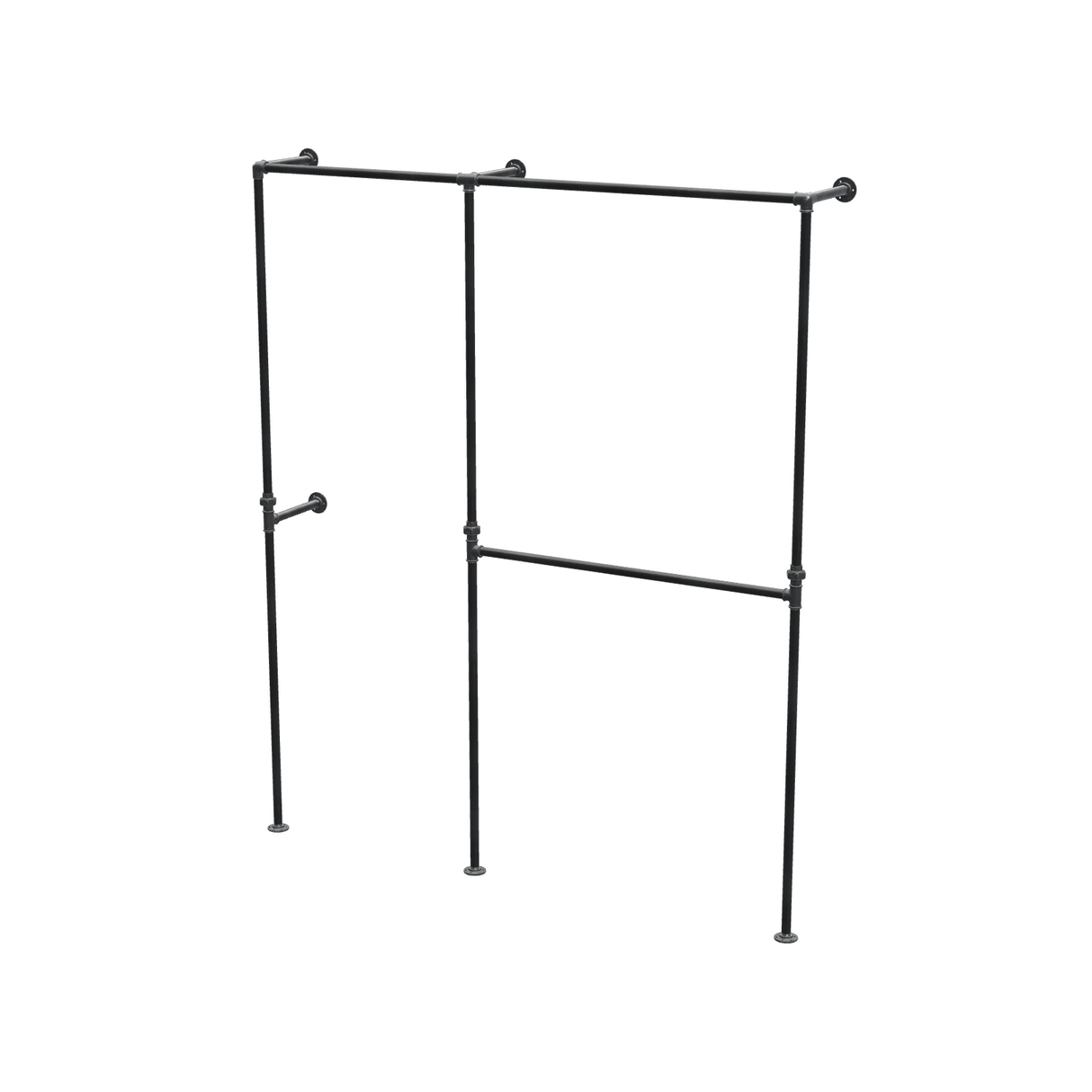 Penderie ouverte à deux baies en tuyaux de plomberie noirs Ø 27 mm — baies de 70 + 100 cm, vue de trois quarts sur fond blanc