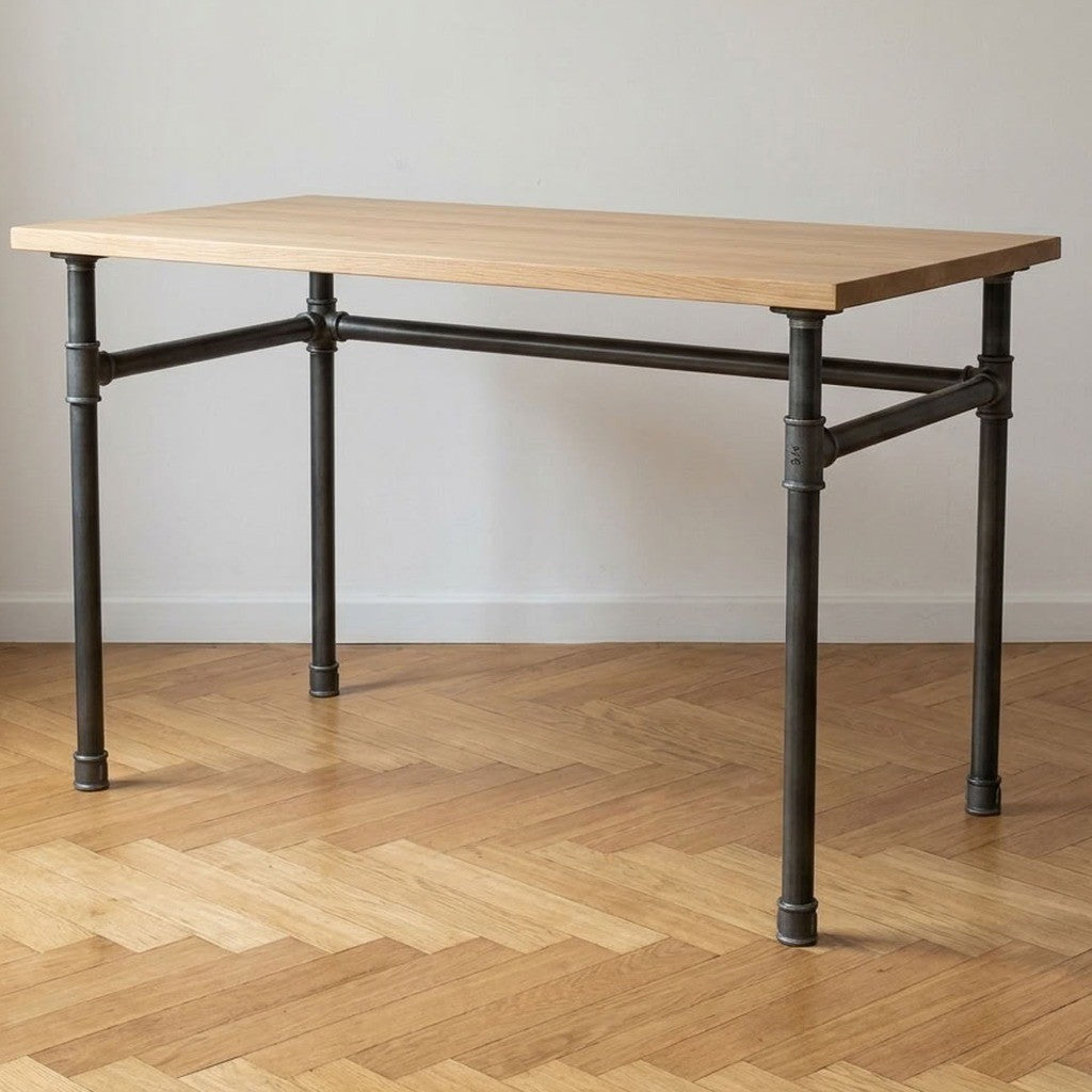 Industrieller Schreibtisch mit heller Eichenplatte auf Gestell in U-Form aus Gusseisen und Stahl Ø 34 mm, Wohnszene (Platte nicht im Lieferumfang)