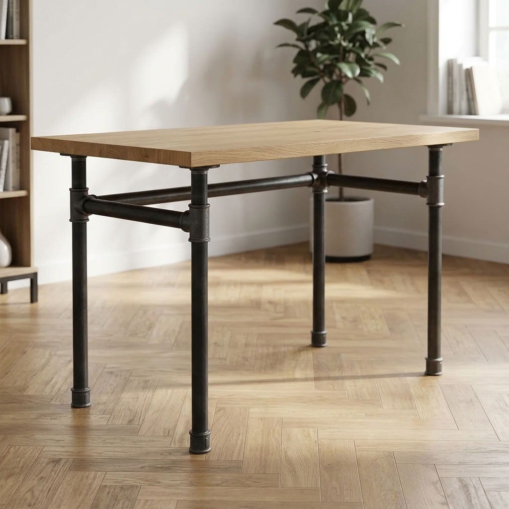 Industrieller Schreibtisch mit heller Eichenplatte auf Gestell in U-Form aus Gusseisen und Stahl Ø 42 mm, Wohnszene (Platte nicht im Lieferumfang)