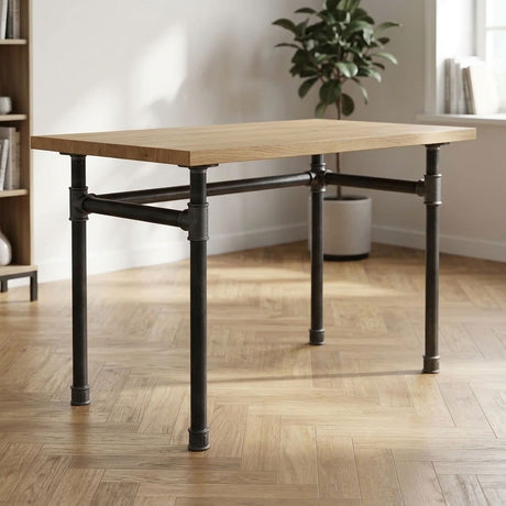 Industrieller Schreibtisch mit heller Eichenplatte auf Gestell in U-Form aus Gusseisen und Stahl Ø 42 mm, Wohnszene (Platte nicht im Lieferumfang)