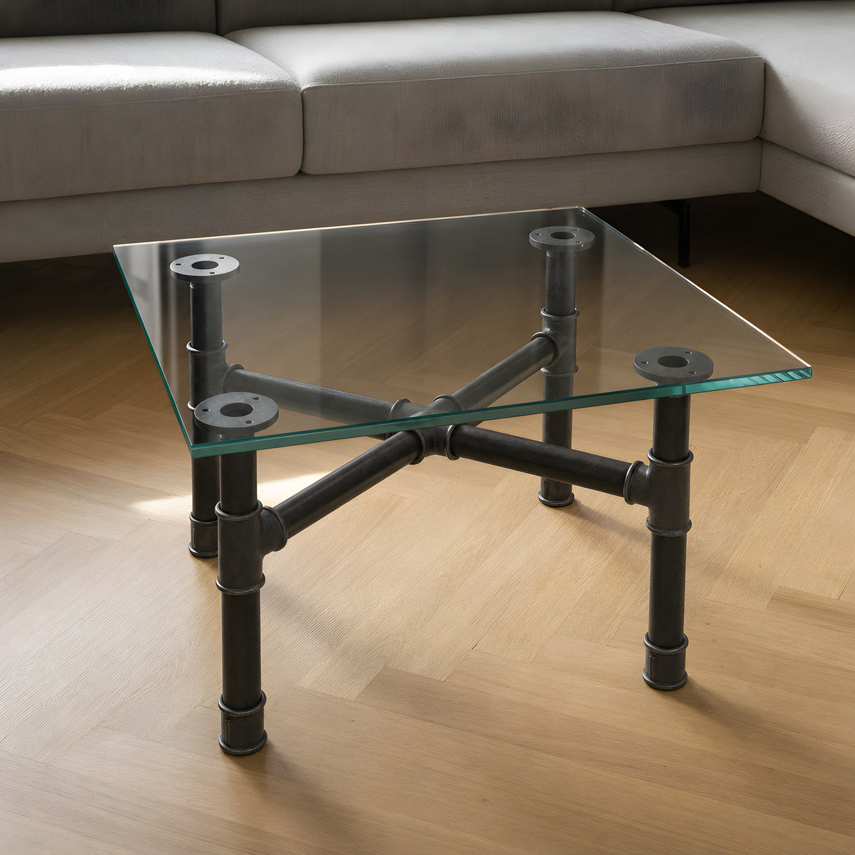 Couchtisch-Gestell, Gusseisen und lackierter Stahl, Kreuz Ø 34 mm, im Raum unter einer Platte aus Sicherheitsglas
