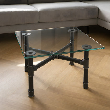 Couchtisch-Gestell, Gusseisen und lackierter Stahl, Kreuz Ø 34 mm, im Raum unter einer Platte aus Sicherheitsglas