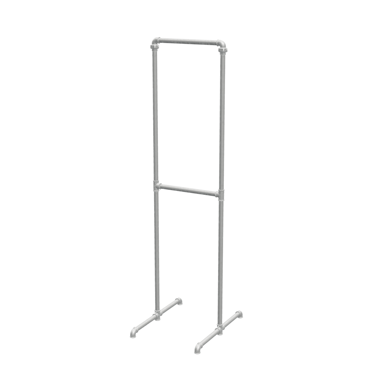 Portant à vêtements autoportant double niveau en tuyaux de plomberie galvanisés Ø 27 mm — largeur 48 cm, hauteur 176 cm, vue de trois quarts sur fond blanc