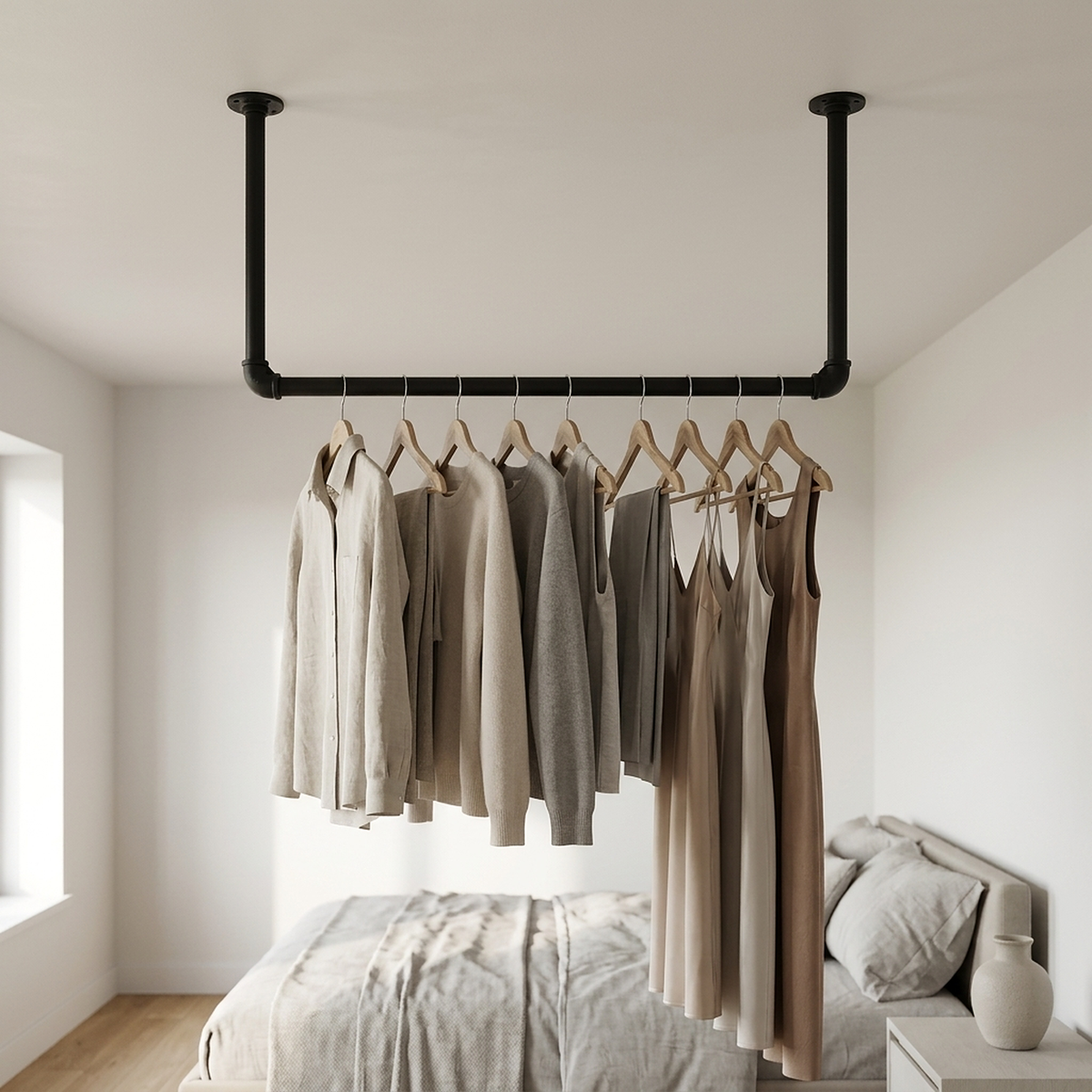 Deckenhängende Kleiderstange aus schwarzem Rohr im Schlafzimmer, Kleidung auf Holzbügeln