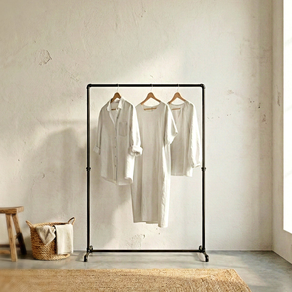 portant à vêtement en tuyaux noirs plomberie