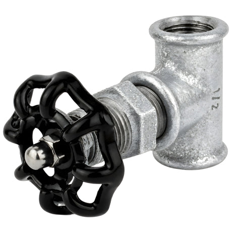 Fitting 1/2'' im Ventilstil mit schwarzem Handrad 52 mm, Edelstahlmutter, aus verzinktem Temperguss