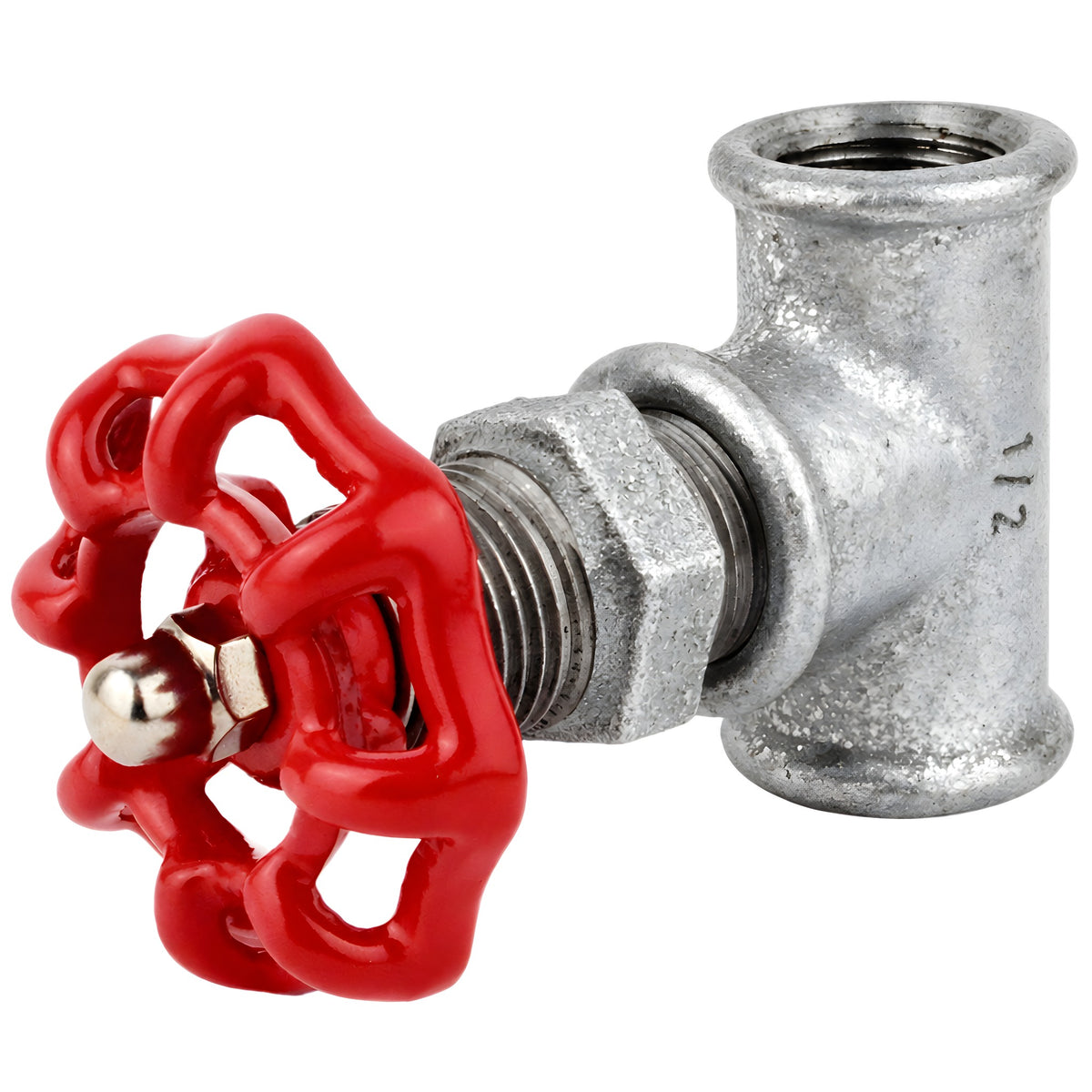 Fitting 1/2'' im Ventilstil mit rotem Handrad 52 mm, Edelstahlmutter, aus verzinktem Temperguss