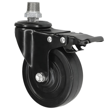 Schwarze Industrie-Lenkrolle mit Bremse und Gummirad 100 mm, 1/2'' (15x21mm) Außengewinde, Fitting aus verzinktem Temperguss