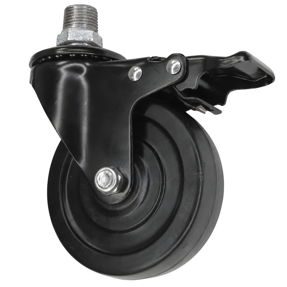 Schwarze Industrie-Lenkrolle mit Bremse und Gummirad 100 mm, Außengewinde, Fitting aus verzinktem Gusseisen