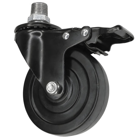 Schwarze Industrie-Lenkrolle mit Bremse und Gummirad 100 mm, Außengewinde, Fitting aus verzinktem Temperguss