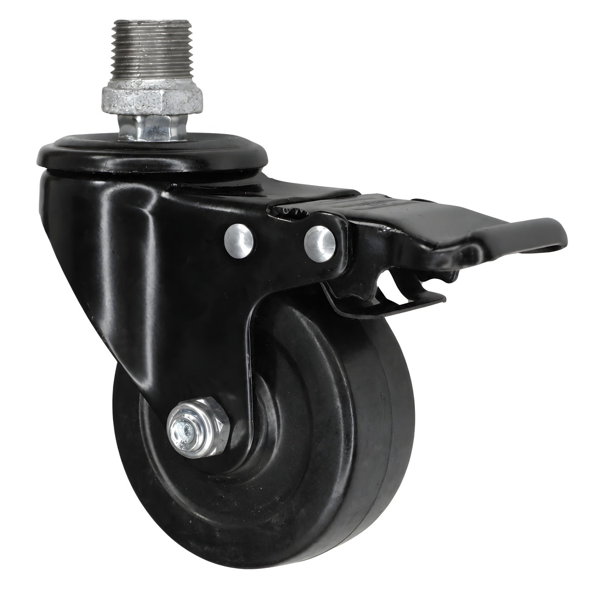 Schwarze Industrie-Lenkrolle mit Bremse und Gummirad 75 mm, Außengewinde, Fitting aus verzinktem Temperguss