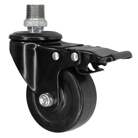 Schwarze Industrie-Lenkrolle mit Bremse und Gummirad 75 mm, Außengewinde, Fitting aus verzinktem Temperguss