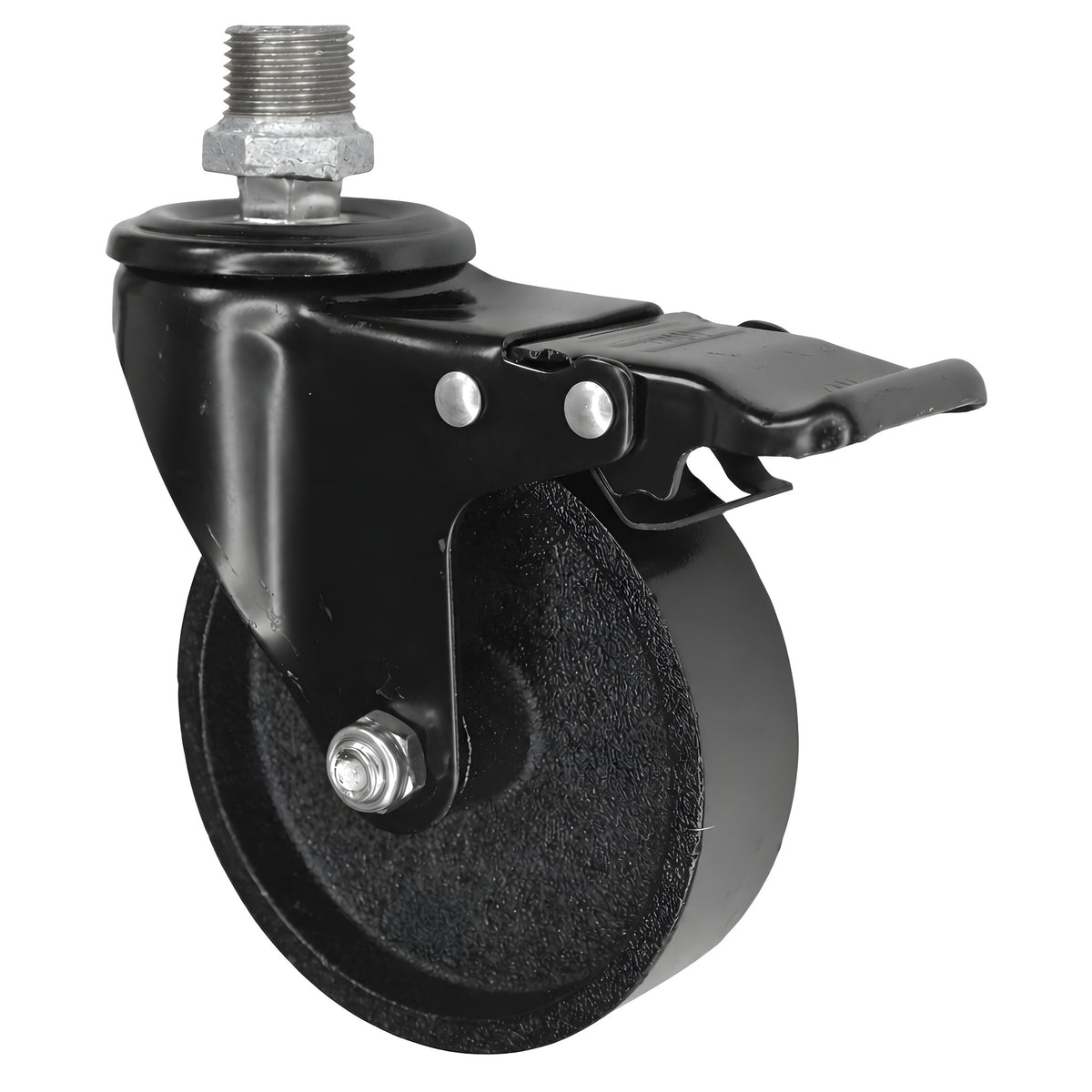 Schwarze Industrie-Lenkrolle mit Bremse und Gusseisenrad 100 mm, 1/2'' (15x21mm) Außengewinde, Fitting aus verzinktem Temperguss